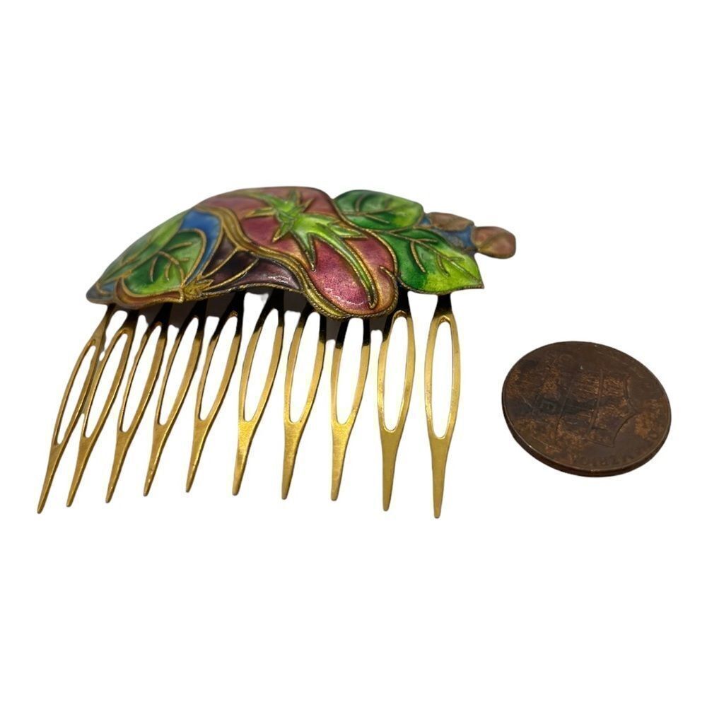 Vintage Cloisonné Enamel Floral Hair Comb 80s - Picture 6 of 14